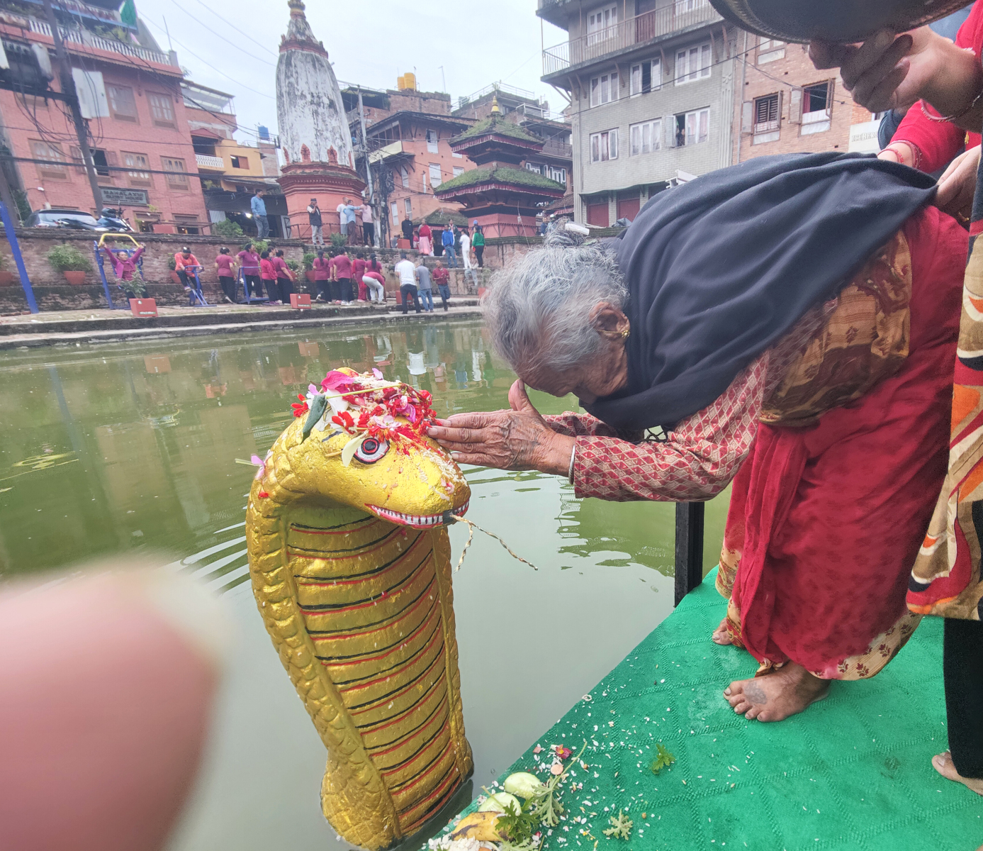 भक्तपुर, १ भदौः
भक्तपुर नगरपालिका वडा न १० बस्ने ९२ वर्षीया कृष्णलक्ष्मी अवाल नागपञ्चमीका अवसरमा आज सोही वडामा रहेको थालाछेँस्थित नागपोखरीमा आउनु भई नागको प्रतिमामा पूजा आराधना तथा दर्शन गर्नुहुँदै । तस्बिरः रेणु त्वानाबासु/रासस