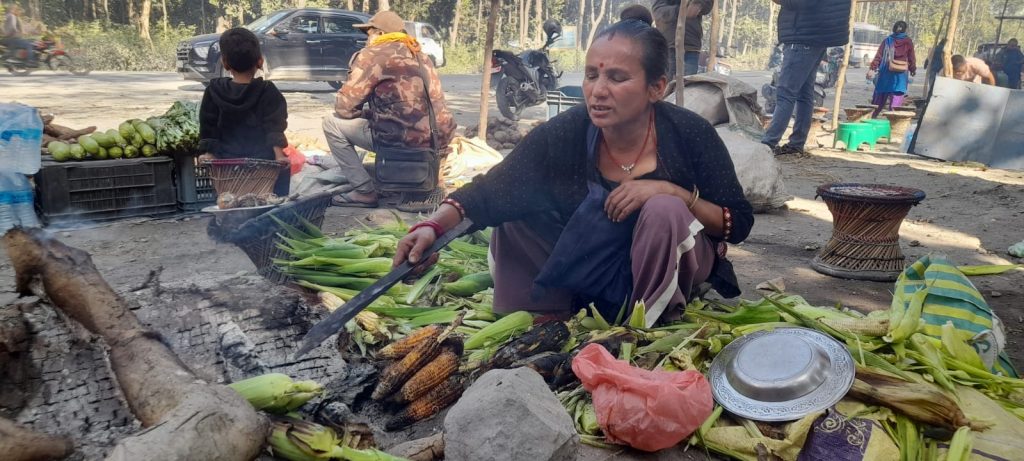 राजमार्ग छेउमा मकै पोलेरै जिविका गर्दै व्यापारी