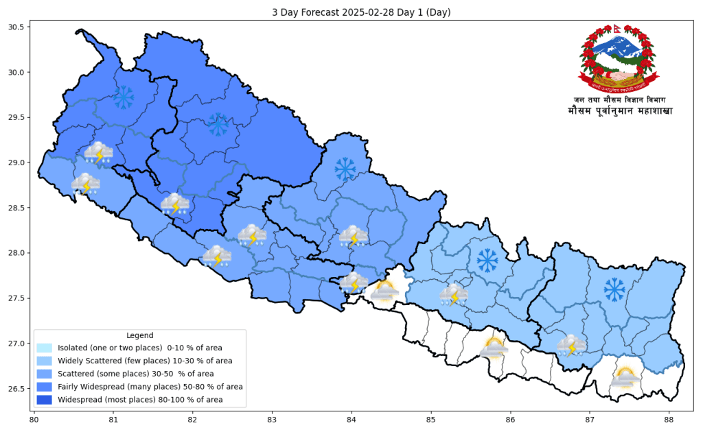 देशका अधिकांश भागमा बदली, वर्षा र हिमपातको सम्भावना