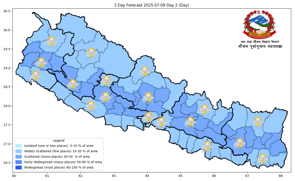 गण्डकी, कर्णाली र सुदूरपश्चिमका केही स्थानमा भारी वर्षा हुने पूर्वानुमान
