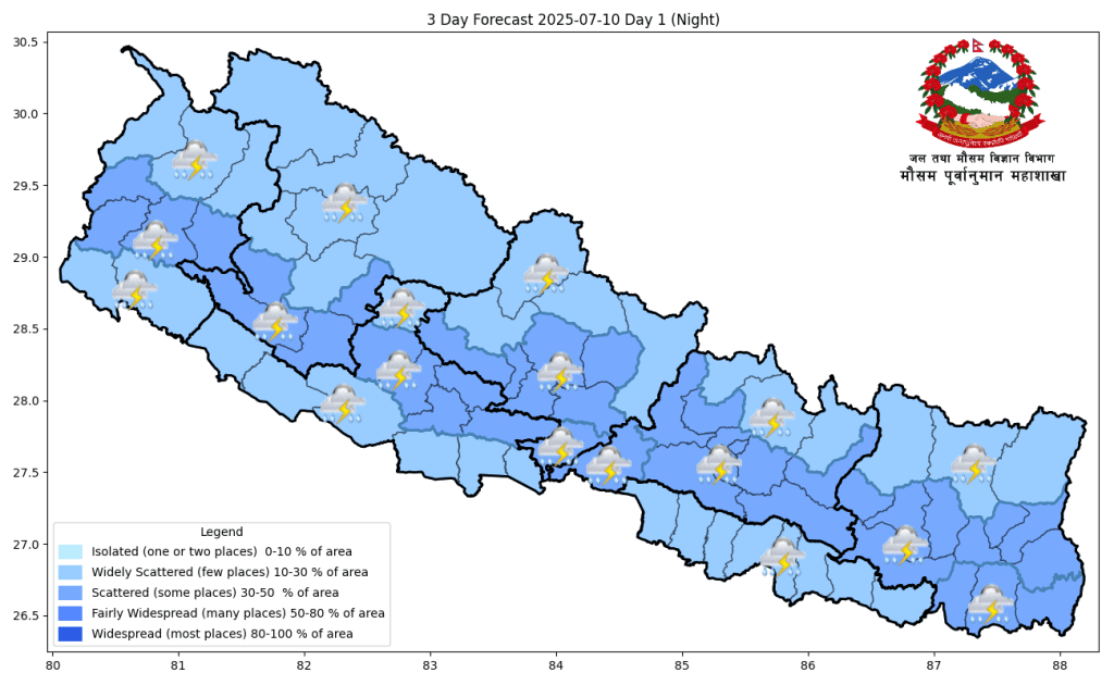 कोशी, बागमती, गण्डकी र कर्णाली प्रदेशमा भारी वर्षाको पूर्वानुमान